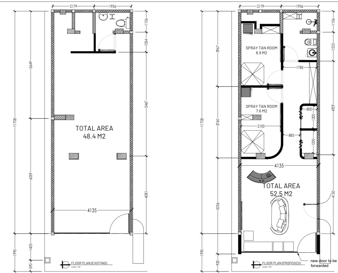 NUDA Tan Studio floor plan — existing vs proposed